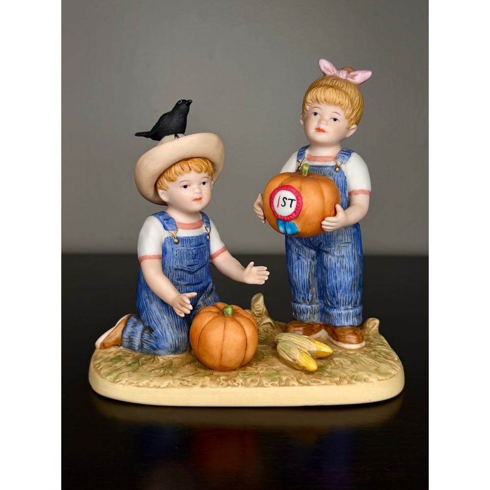Home Interiors Denim Days The Prize Pumpkin Figurine 1531 Boy Girl Crow 1997‎